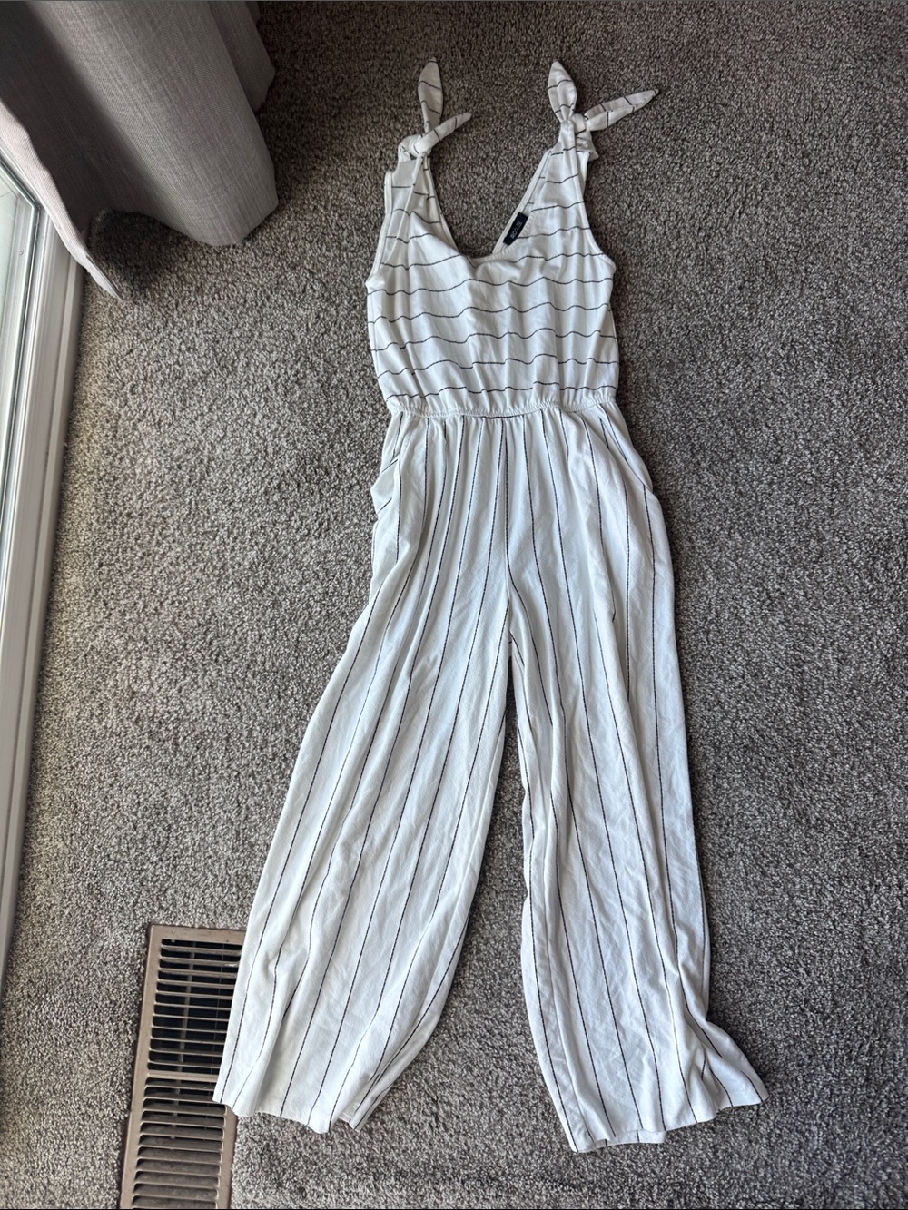 Roolee White Jumpsuit with Black Pinstripes